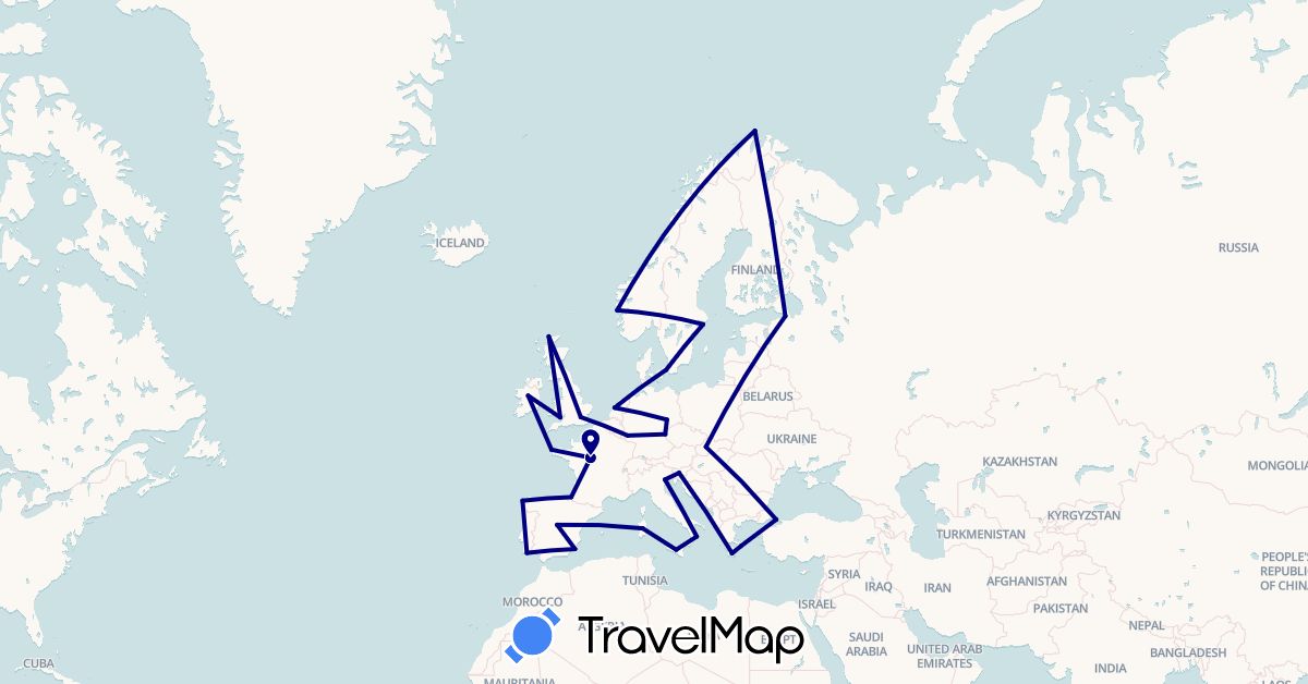 TravelMap itinerary: driving in Czech Republic, Germany, Denmark, Spain, France, United Kingdom, Greece, Ireland, Italy, Netherlands, Norway, Portugal, Russia, Sweden, Slovenia, Slovakia, Turkey (Asia, Europe)
